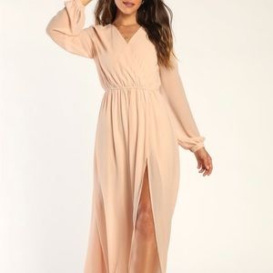 Lulu’s blush colored maxi dress with slit and long sleeves